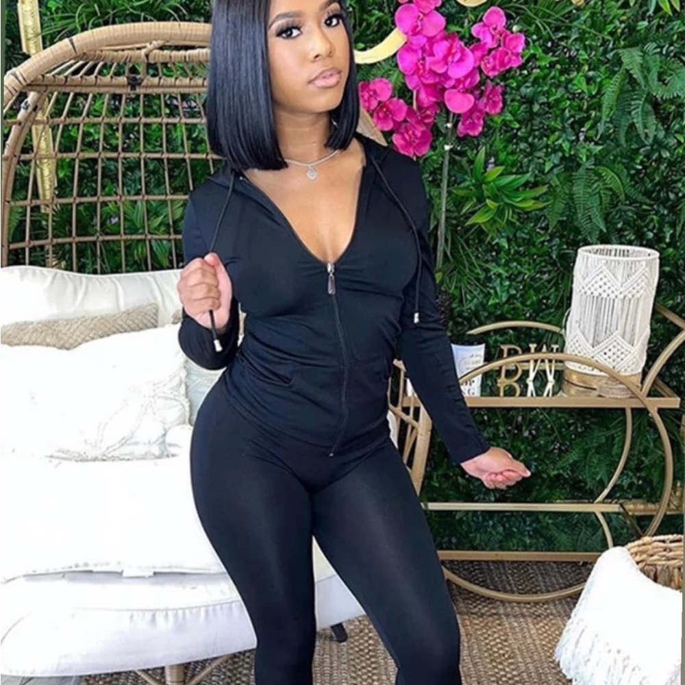 Black Zip-Up Hoodie and Leggings Set